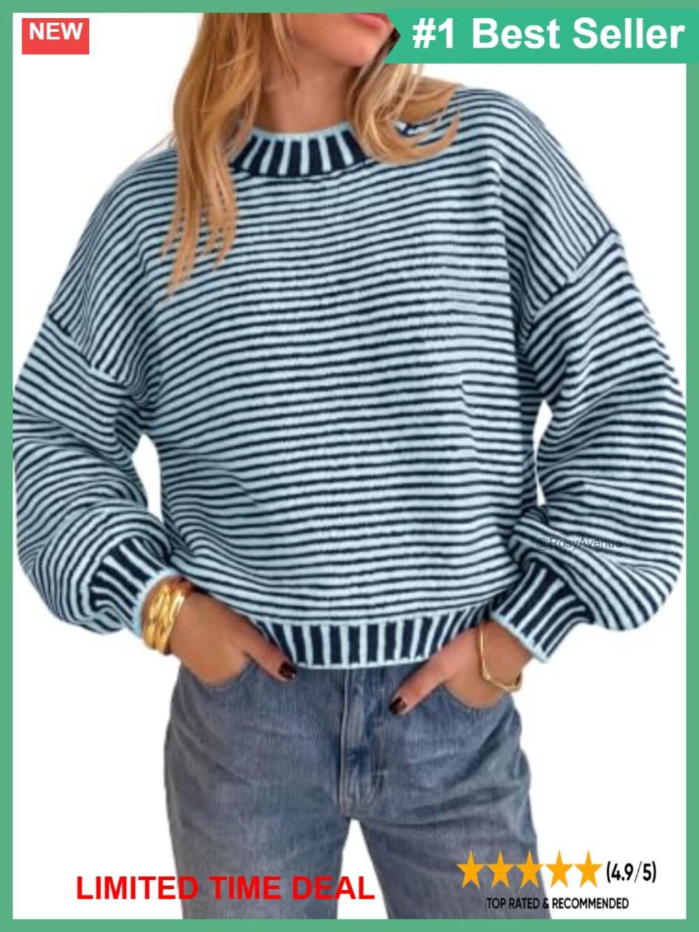 Saodimallsu Striped Crewneck Pullover Sweater Lantern Sleeve Fall Winter
